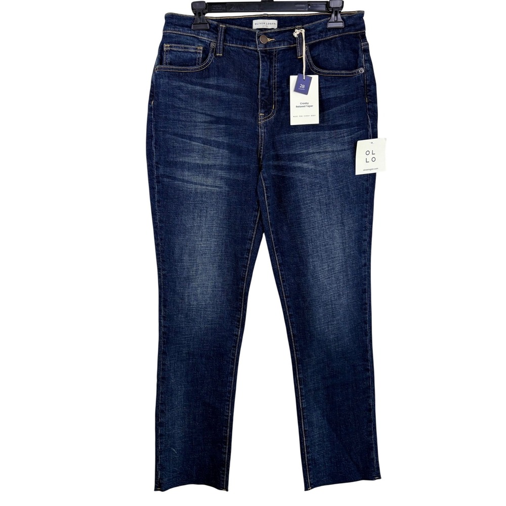 Oliver Logan Womens 28 Blue Crosby Relaxed Taper Jeans High Rise Raw Hem Denim